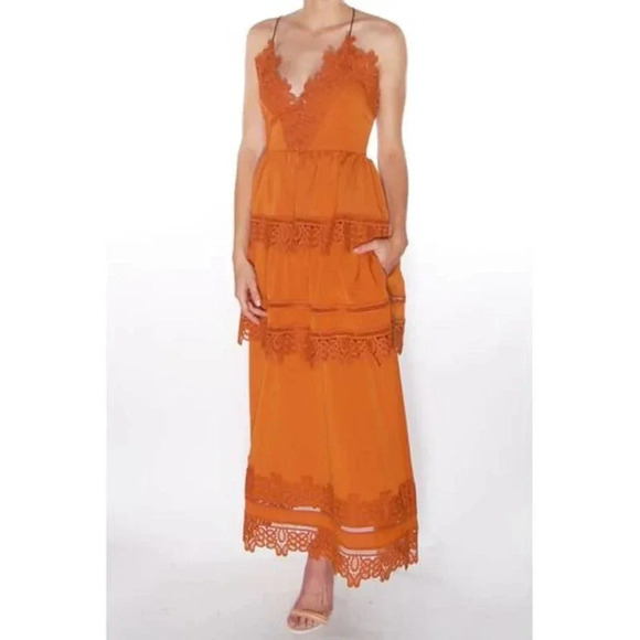 Self-Portrait Ivy Lace Trim Open-Back Midi Dress Burnt Orange  Size 8 - Picture 4 of 11